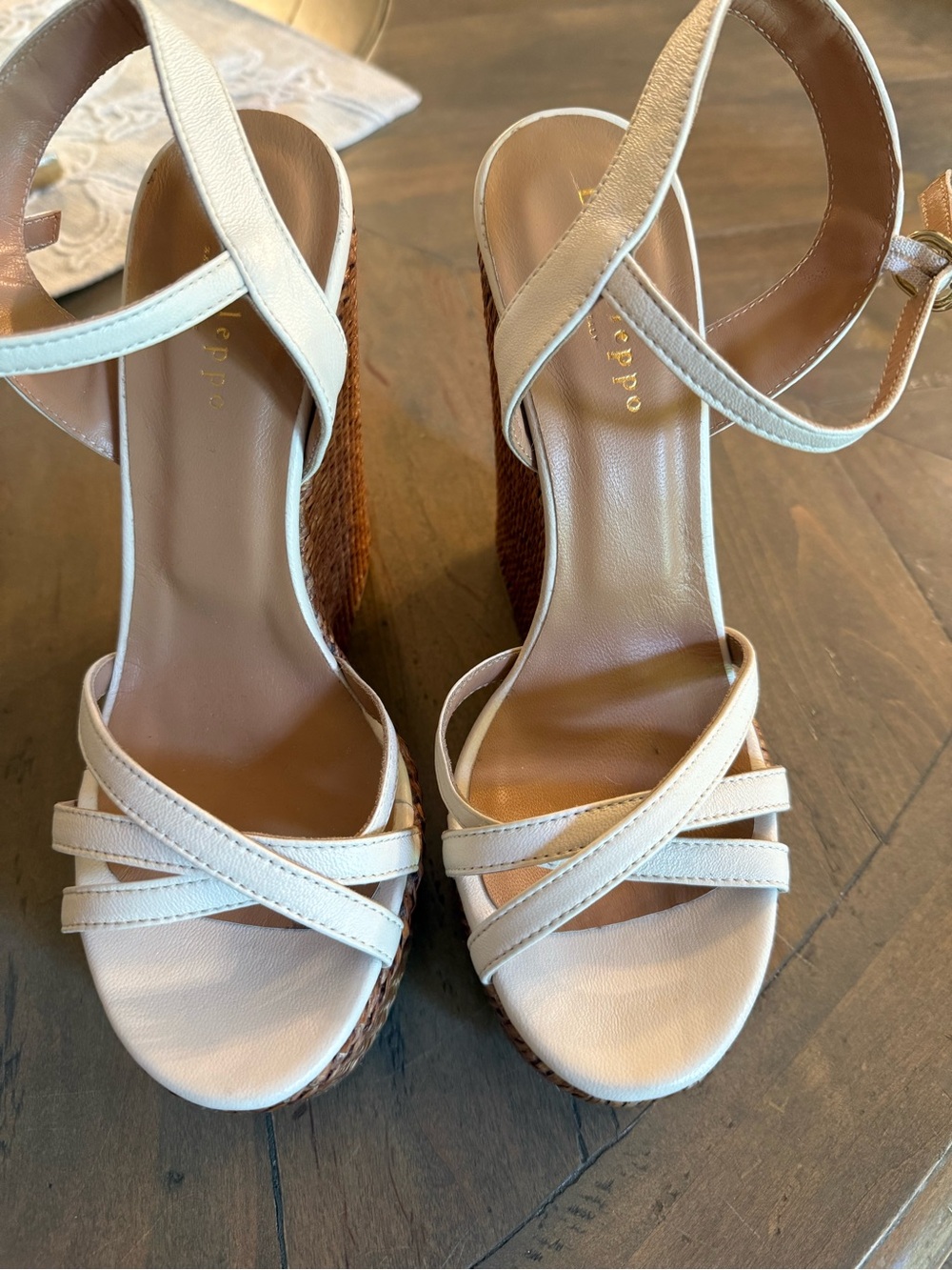 Ivory White Leather Crisscross Espadrille Wedges